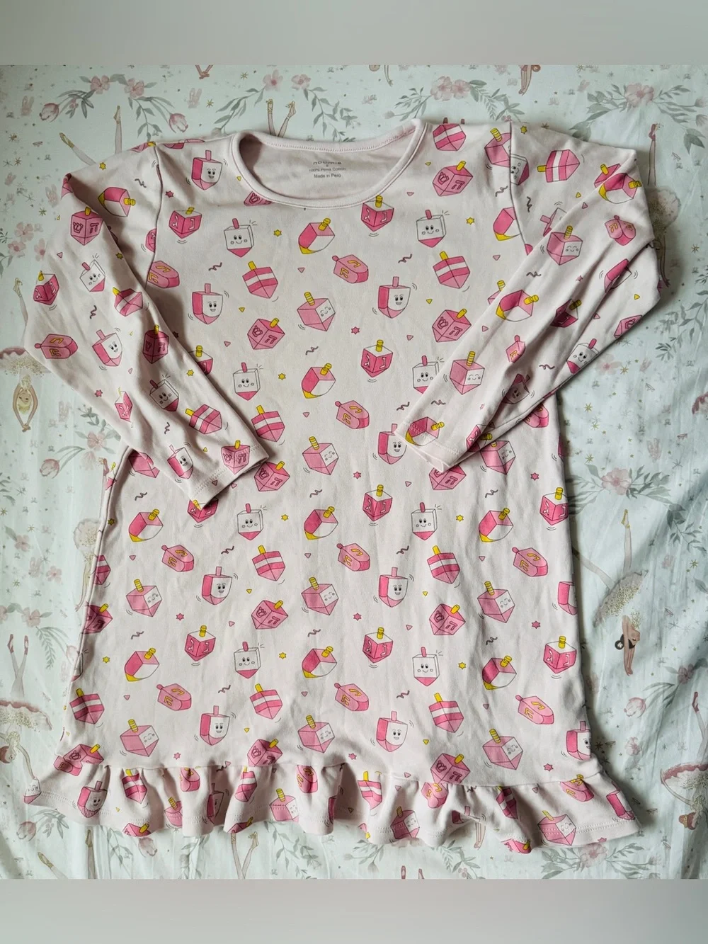Noomie Girls 8 Hanukkah Dreidel Nightgown 100% Pima Cotton Pink Sleep Dress